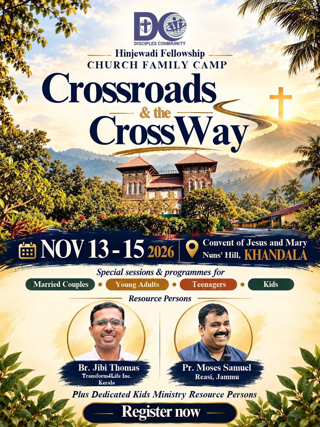 Official Church Family Camp poster — Crossroads & the CrossWay, 13–15 November 2026 at Nuns’ Hill, Khandala